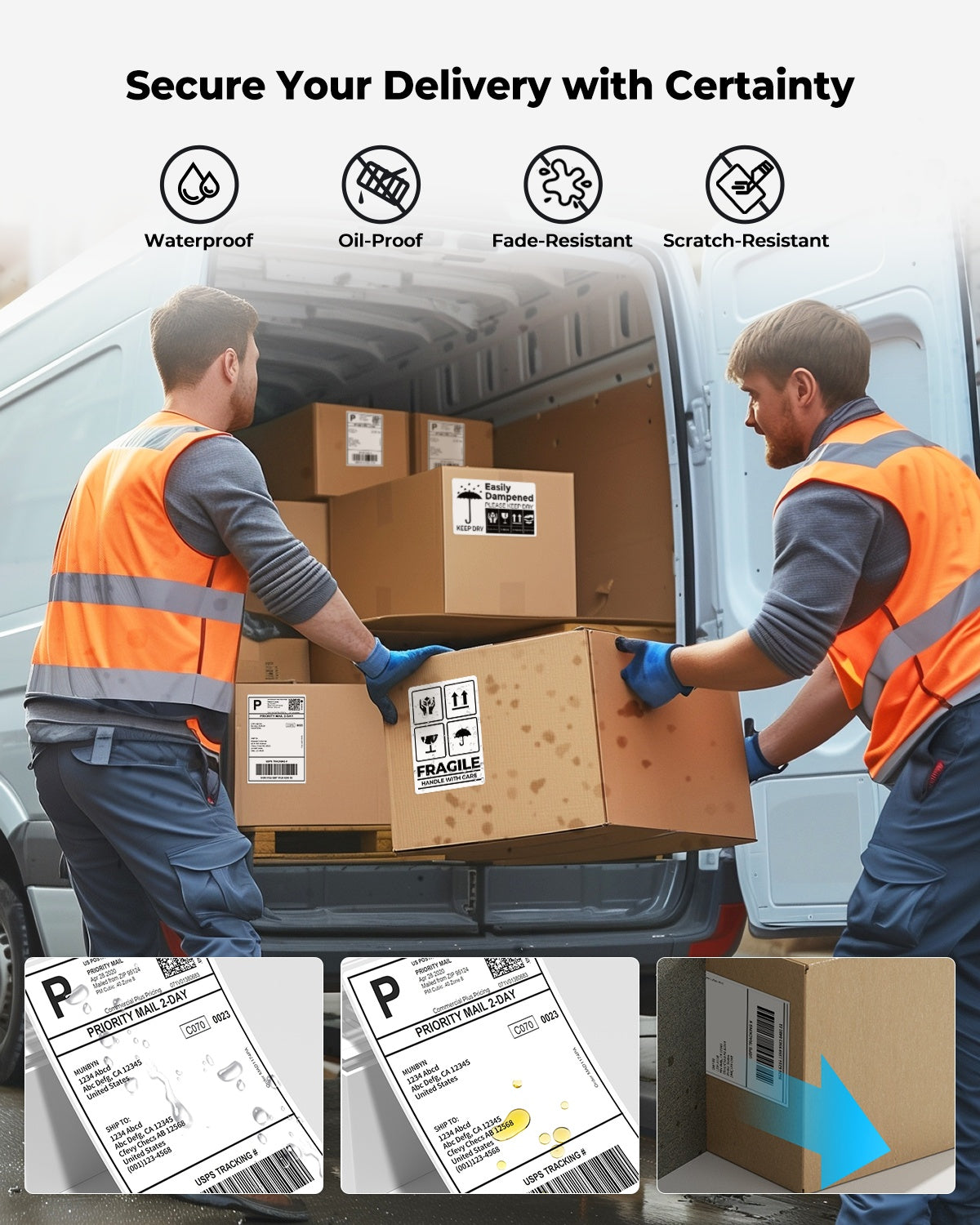 White 4x6 fan-fold shipping labels printed on MUNBYN CA label printer paper, ready for mailing and packaging.