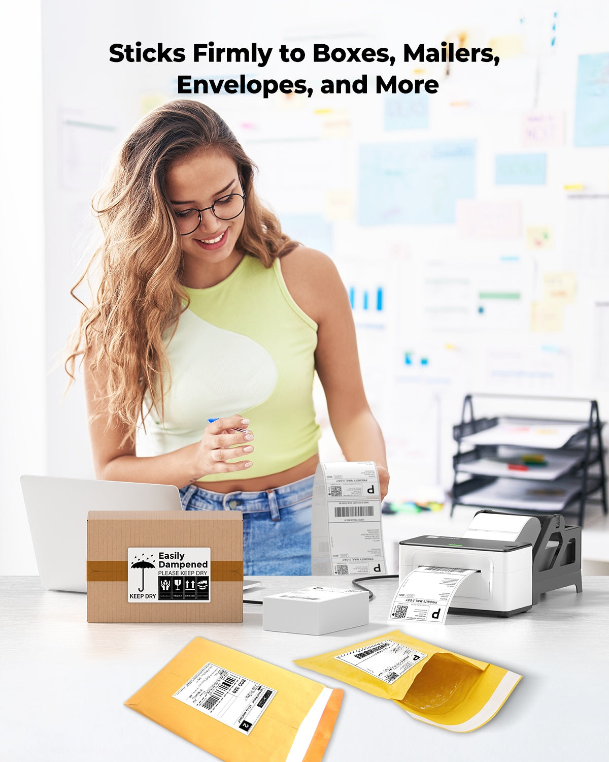 White 4x6 inch fan-fold labels on label printer paper by MUNBYN CA, suitable for shipping and mailing labels.