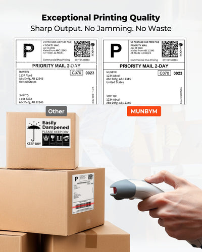 White 4x6 fan-fold labels loaded in a MUNBYN CA label printer, ready for shipping or mailing applications.