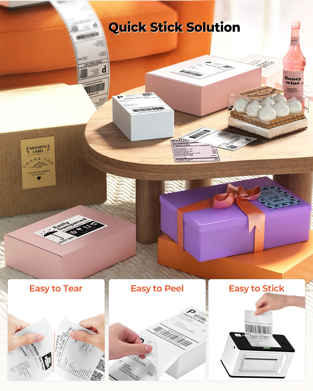 White 4x6 Fan-Fold Labels for label printer, ideal for shipping and mailing, by MUNBYN CA.