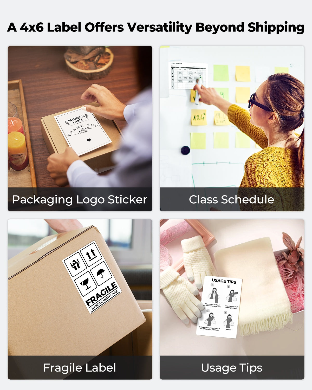 White 4x6 fan-fold labels loaded in MUNBYN CA label printer paper for shipping and barcode labeling.