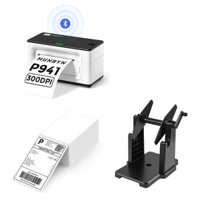 MUNBYN P941B Bluetooth Thermal Label Printer Kit includes a Bluetooth label printer, a black label roll holder, and a stack of shipping labels.