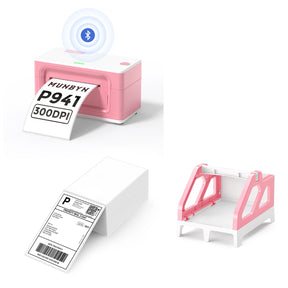MUNBYN P941B pink Bluetooth Thermal Label Printer Kit includes a pink Bluetooth label printer, a pink label roll holder, and a stack of shipping labels.