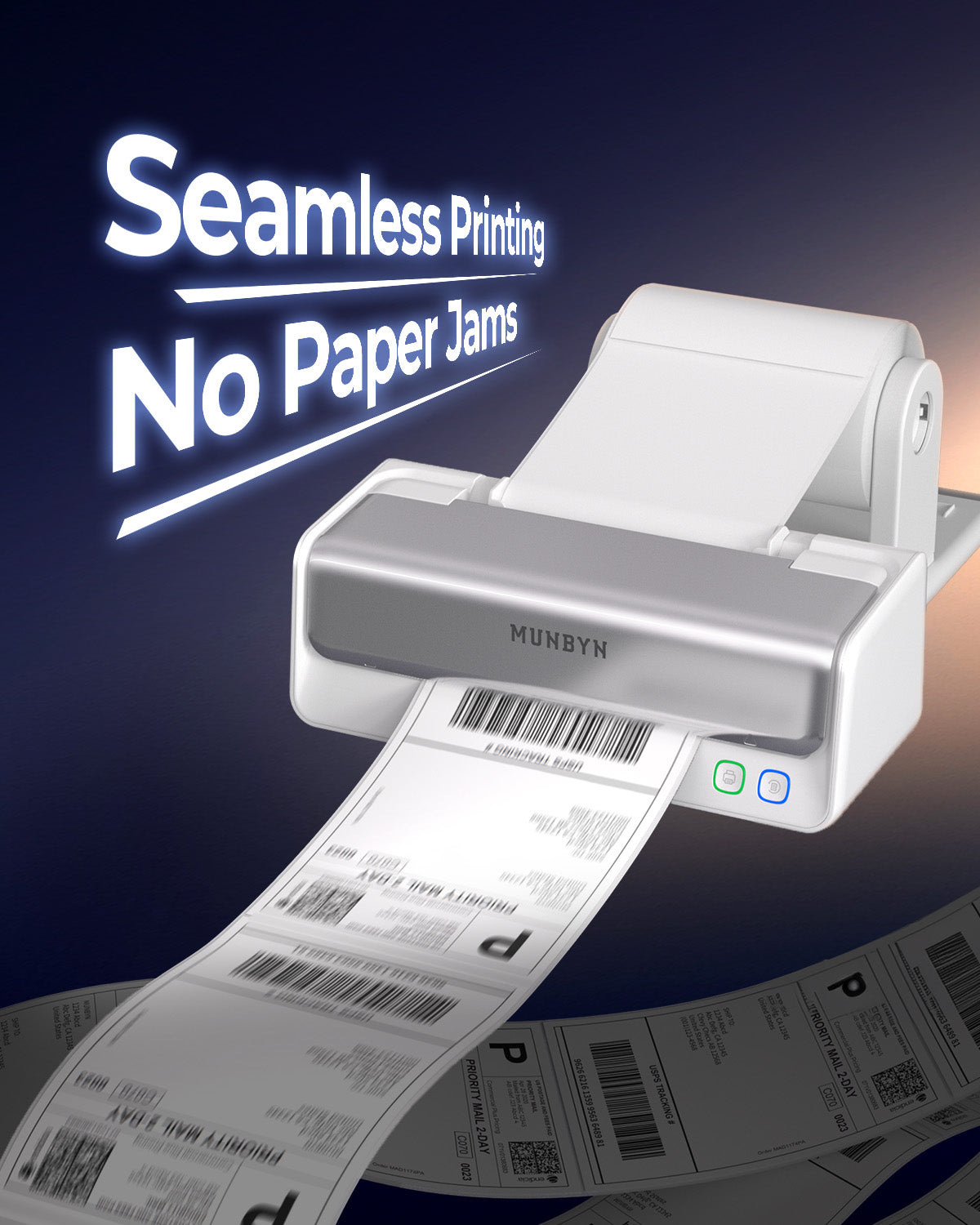 MUNBYN RealWriter 405B thermal label printer printing a shipping label on a white background