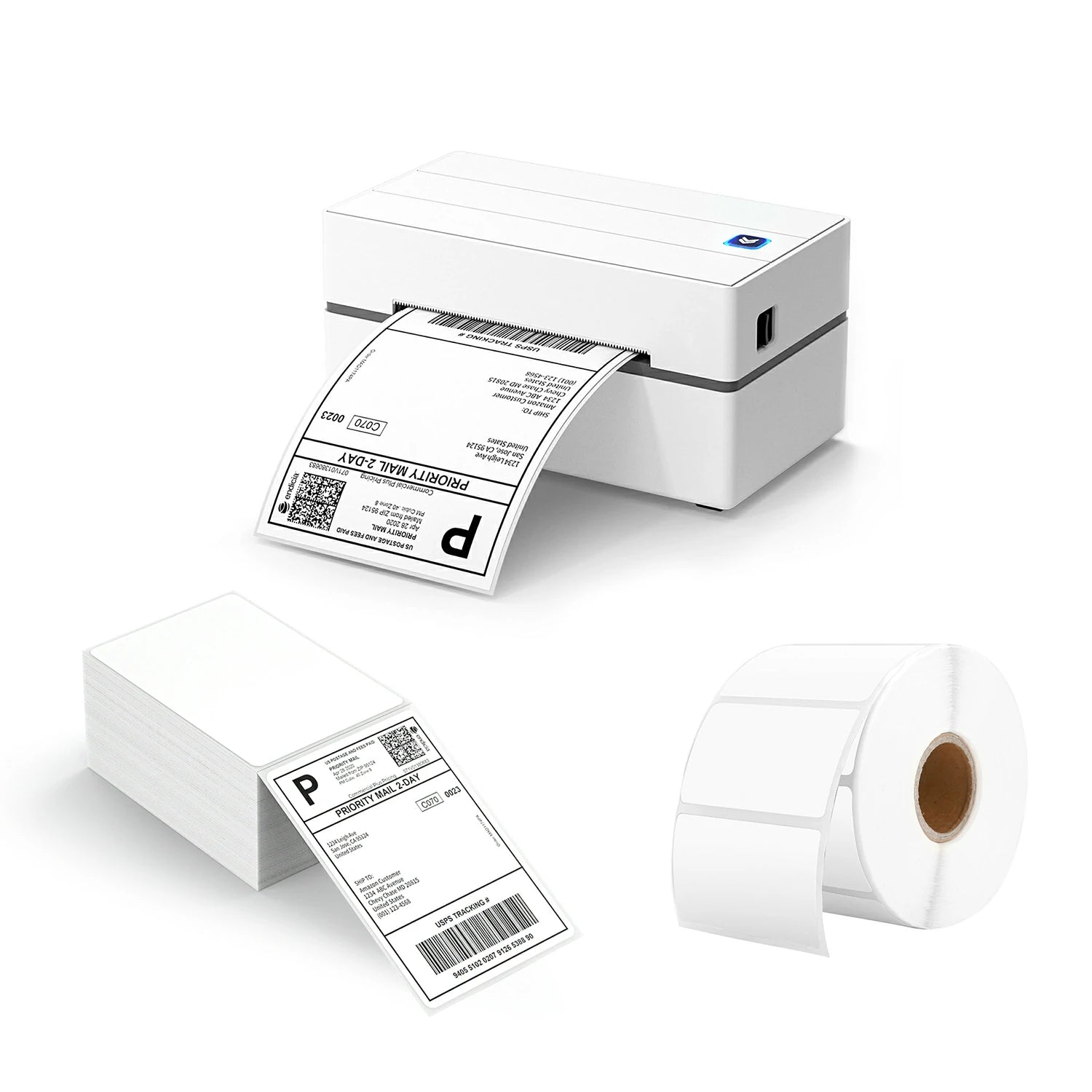 The MUNBYN 130 thermal printer kit includes a USB thermal label printer, a stack of shipping labels, and a roll of rectangle labels.