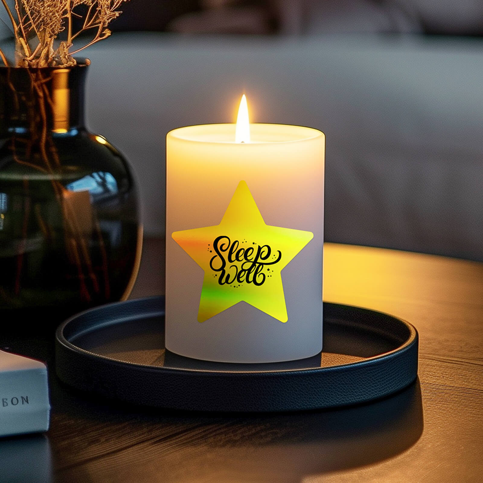 Elevate the allure of your candles by adorning them with our gold holographic thermal labels.