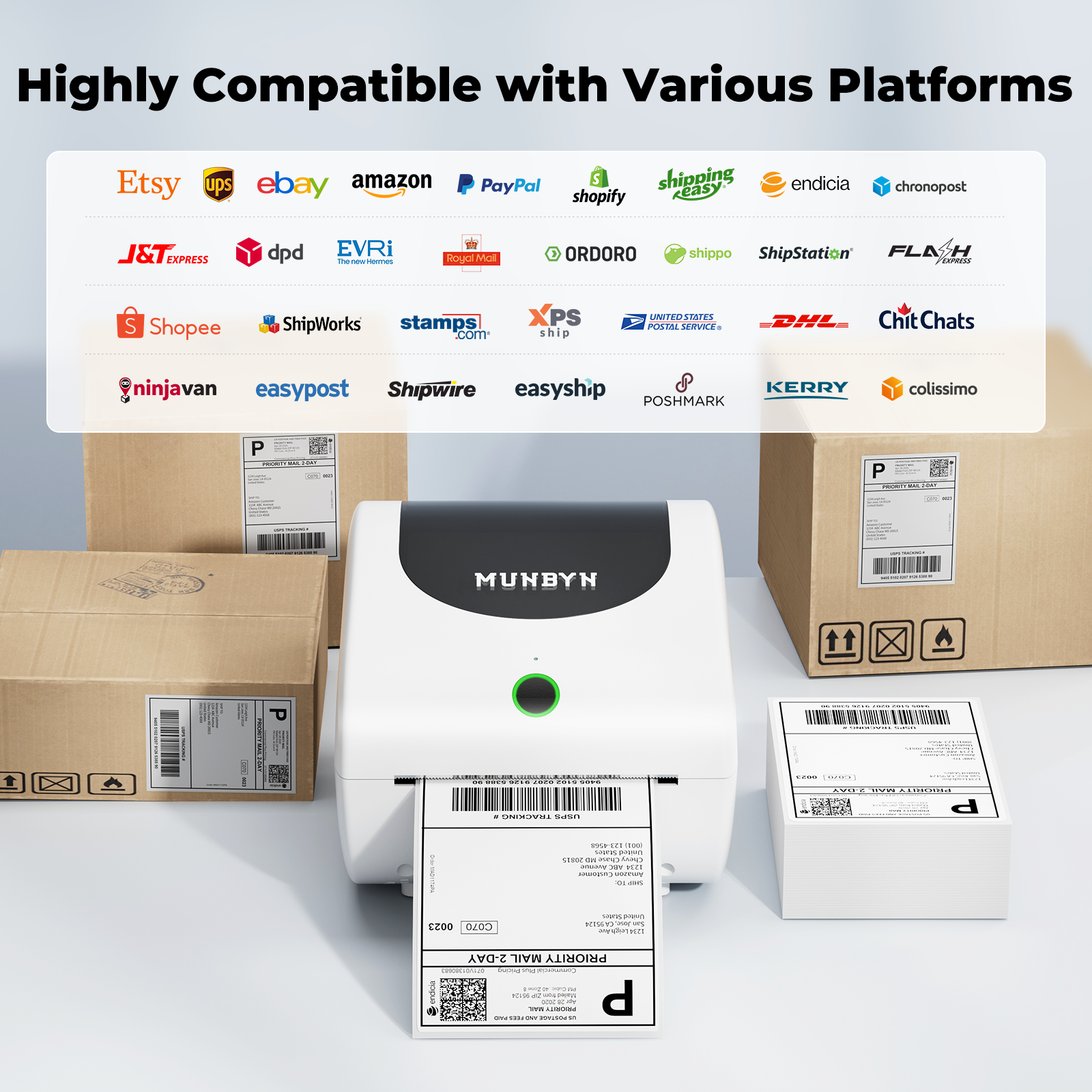 MUNBYN CA RealWriter 411B thermal printer printing labels or receipts with a sleek black design and paper output visible