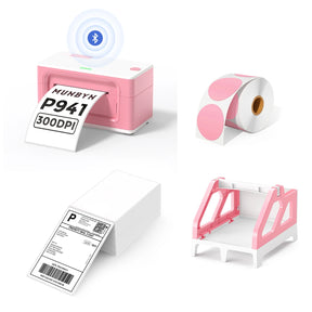 MUNBYN P941B pink Bluetooth Thermal Label Printer Kit includes a pink Bluetooth label printer, a pink label roll holder, a roll of pink circle labels, and a stack of shipping labels.