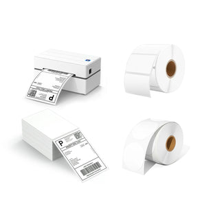 The MUNBYN 130 thermal printer kit includes a USB thermal label printer, a stack of shipping labels, and two rolls of blank labels.