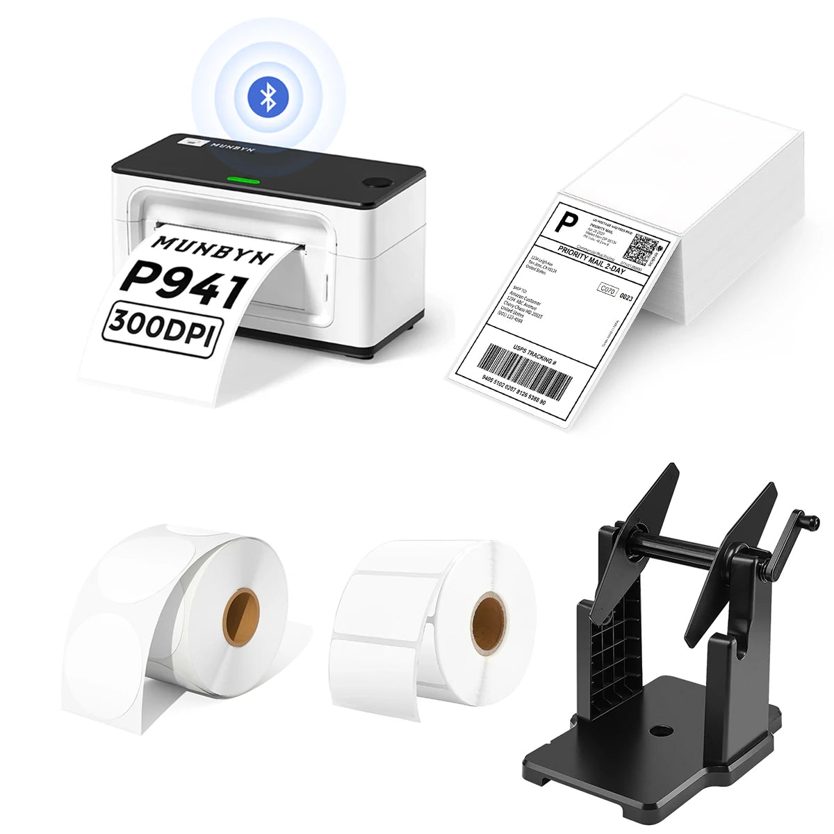 MUNBYN P941B Bluetooth Thermal Label Printer Kit includes a Bluetooth label printer, a label roll holder, two rolls of blank labels, and a stack of shipping labels.