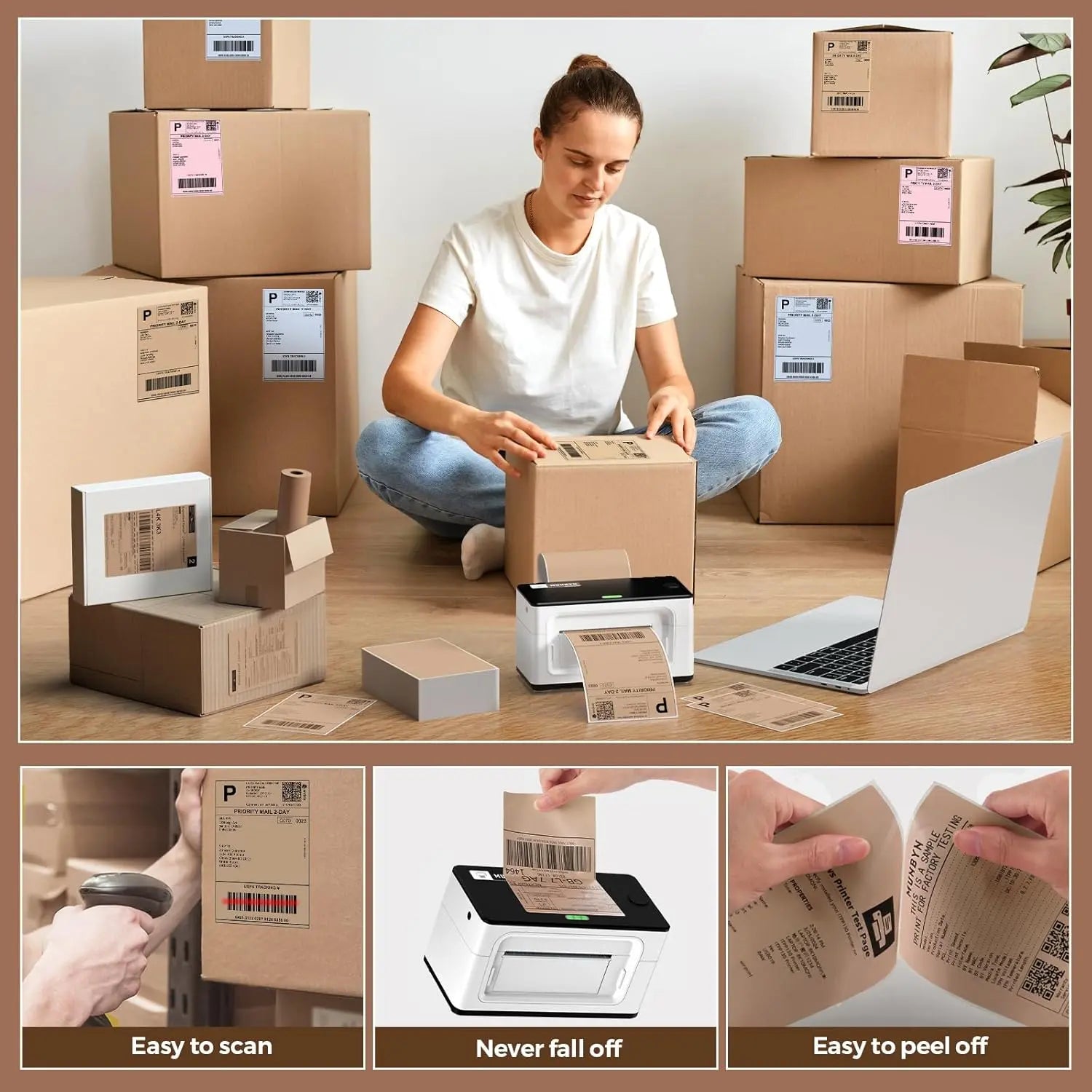 MUNBYN 4x6 inch fan-fold label printer paper, adhesive label sheets for shipping and product labeling, stack of printable labels