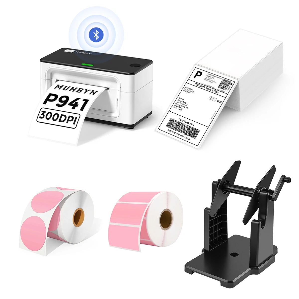 MUNBYN P941B Bluetooth Thermal Label Printer Kit includes a Bluetooth label printer, a label holder, two rolls of pink labels, and a stack of shipping labels.