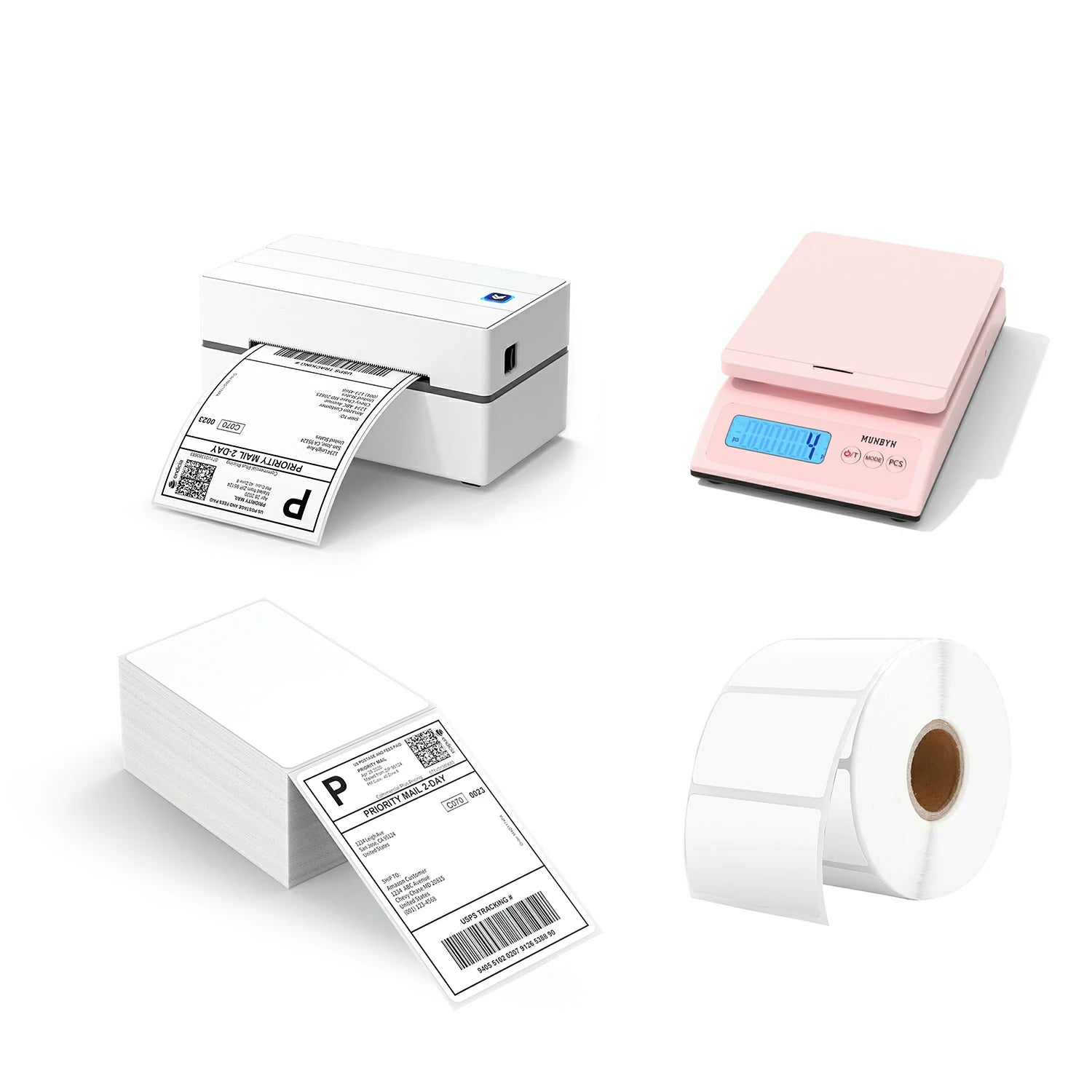 The MUNBYN 130 thermal printer kit includes a USB thermal label printer, a stack of shipping labels, a roll of rectangle labels, and a pink digital postal scale.