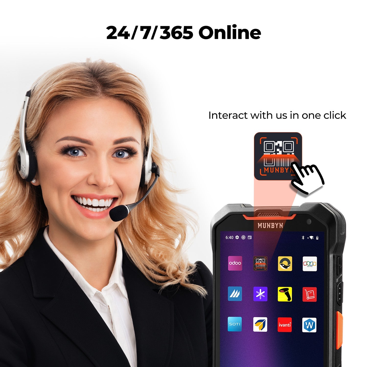 MUNBYN AS01P barcode scanner with ergonomic handle and scanning window, designed for retail and warehouse inventory management.