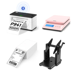 MUNBYN P941B Bluetooth Thermal Label Printer Kit includes a Bluetooth label printer, a pink shipping scale, a label holder, and a stack of shipping labels.