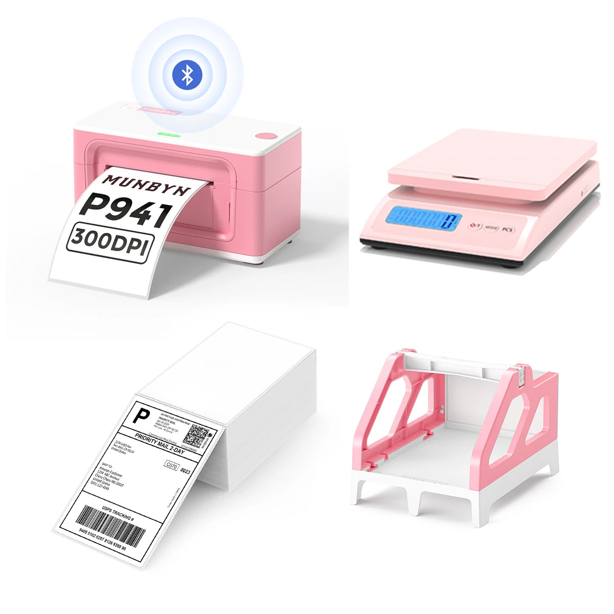 MUNBYN P941B pink Bluetooth Thermal Label Printer Kit includes a pink Bluetooth label printer, a pink label roll holder, a shipping scale, and a stack of shipping labels.