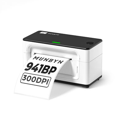 MUNBYN CA RealWriter 941BP thermal label printer kit with white compact design and 300 DPI resolution for efficient labeling.