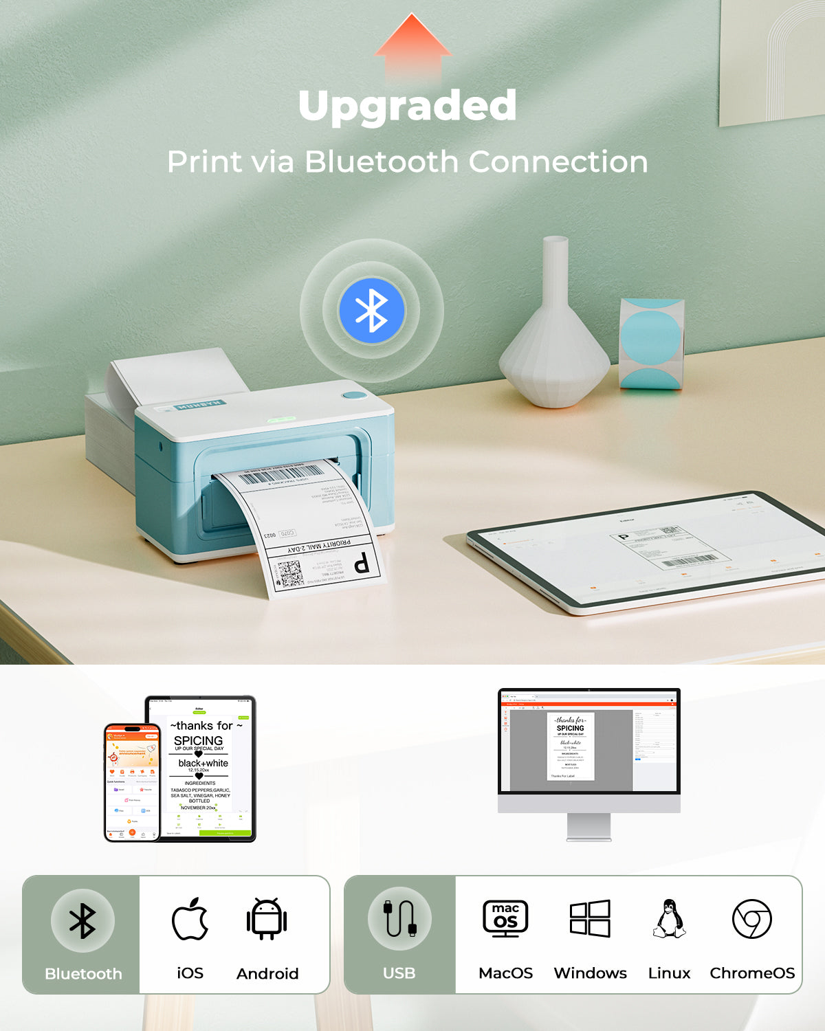 MUNBYN CA RealWriter 941BP thermal label printer kit with green labels, compact design, and user-friendly interface.