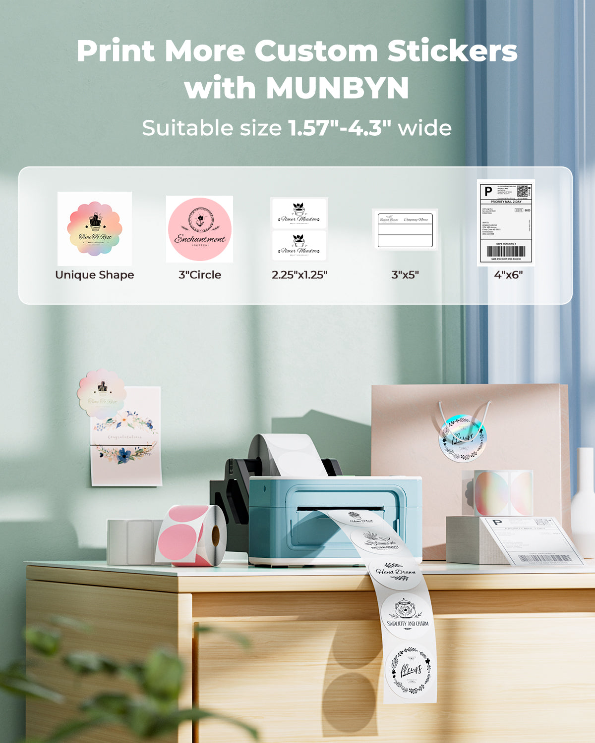 MUNBYN CA RealWriter 941BP thermal label printer kit with green labels and accessories on a white background.