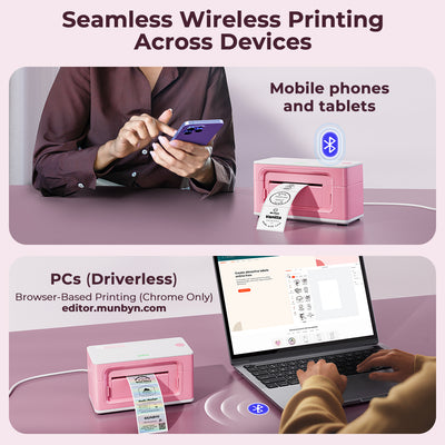 MUNBYN CA RealWriter 941BP thermal label printer kit with compact design and multiple labels for shipping and product labeling.