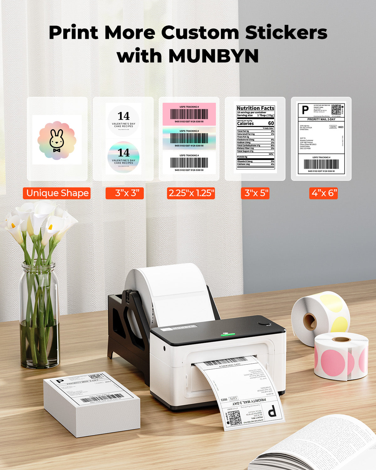 MUNBYN CA RealWriter 941BP thermal label printer kit with white printer and accessories, ready for professional labeling tasks.