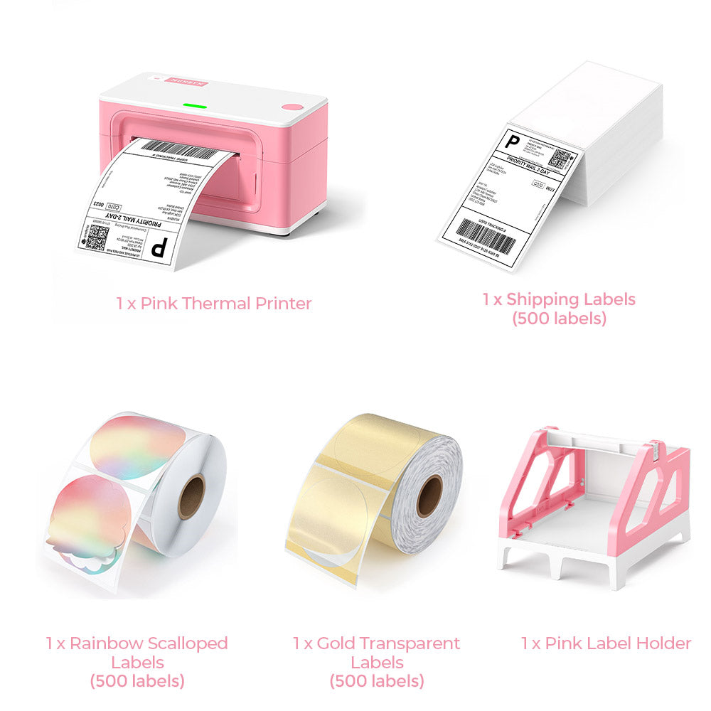 MUNBYN Pink USB model P941 thermal label printer kit includes a pink label printer, a roll of paw print labels, a roll of star labels, a stack of 4x6 thermal labels and a pink label holder.
