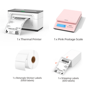 The MUNBYN white USB model P941 thermal label printer kit includes a white label printer, a roll of white rectangular labels, and a stack of 4x6 thermal labels and a pink postage scale.