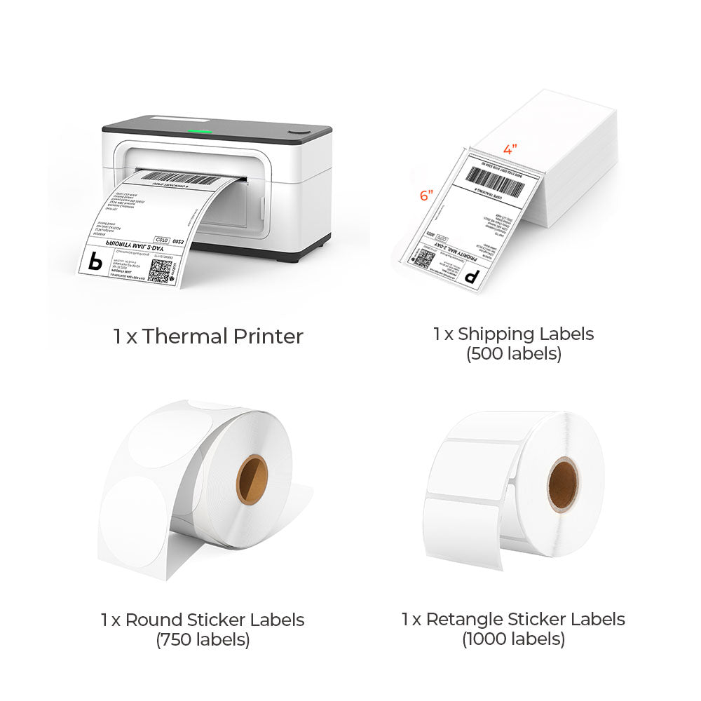 MUNBYN white USB model P941 thermal label printer kit includes a white label printer, two rolls of white labels, and a stack of 4x6 thermal labels. 