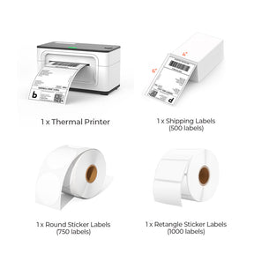 MUNBYN white USB model P941 thermal label printer kit includes a white label printer, two rolls of white labels, and a stack of 4x6 thermal labels. 