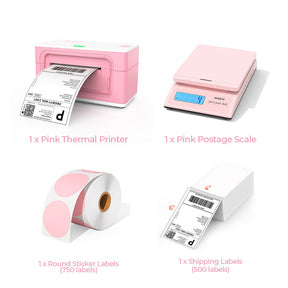 The MUNBYN Pink USB P941 Thermal Label Printer Kit includes a 4"x6" pink label printer, a roll of 2" pink round labels, a stack of 4x6 thermal labels, and a pink digital postal scale.