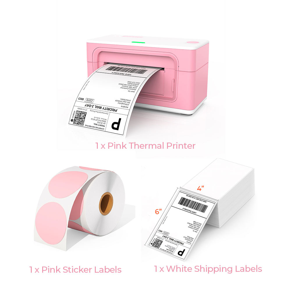 The MUNBYN Pink USB P941 Thermal Label Printer Kit includes a 4"x6" pink label printer, a roll of 2" pink round labels, and a stack of 4x6 thermal labels.