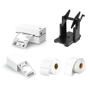 The MUNBYN 130 thermal printer kit includes a USB thermal label printer, a stack of shipping labels, two rolls of blank labels, and a label holder.