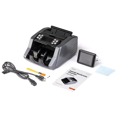MUNBYN CA IMC20 money counter machine counting paper bills with digital display and compact design.