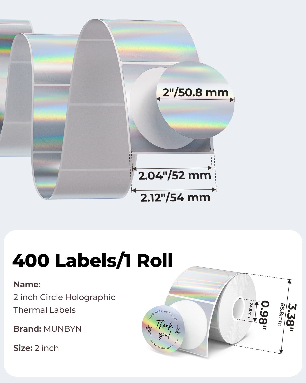 Holographic silver labels printed on MUNBYN CA label printer paper, showcasing shiny, reflective holographic design.