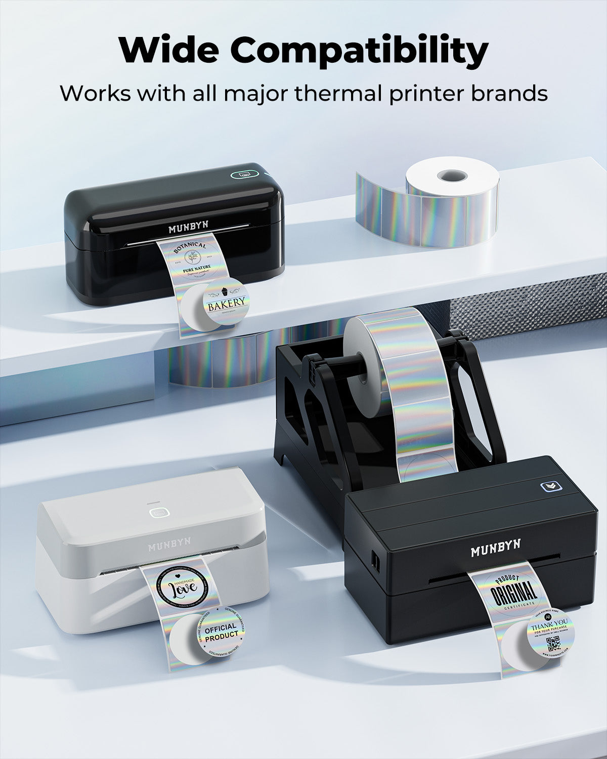 Holographic silver labels on label printer paper by MUNBYN CA, featuring shiny, reflective holographic design for custom printing.
