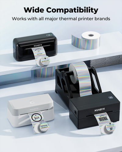 Holographic silver labels on label printer paper by MUNBYN CA, featuring shiny, reflective holographic design for custom printing.