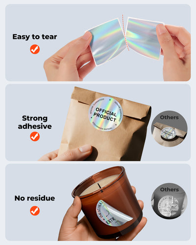 Holographic silver labels printed on MUNBYN CA label printer paper with vibrant, reflective holographic design.