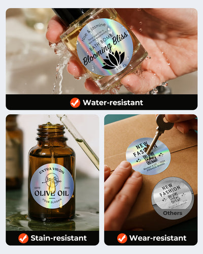 Holographic silver labels printed on MUNBYN CA label printer paper, showcasing shiny, reflective holographic design.