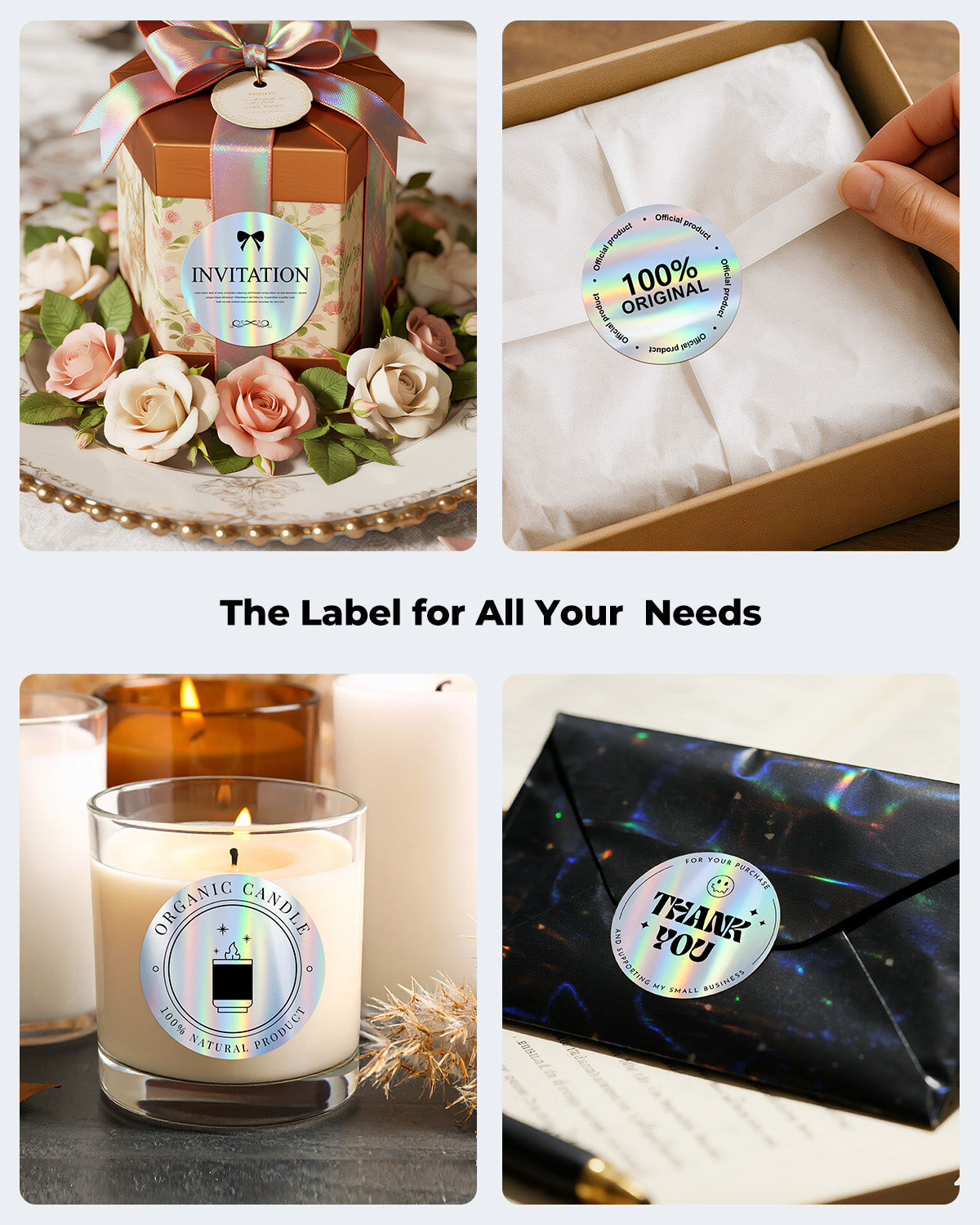 Holographic silver labels printed on MUNBYN CA label printer paper, showcasing vibrant rainbow holographic designs on shiny paper.
