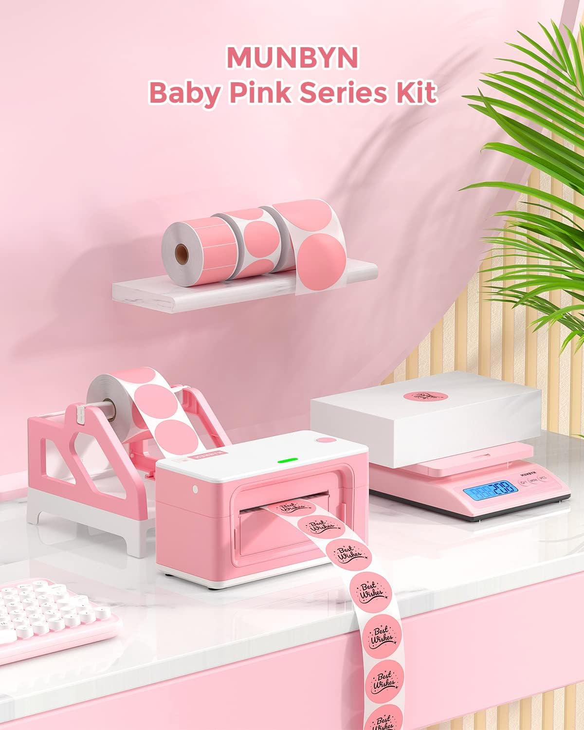 MUNBYN CA Roll and Fan-Fold Holder for label printers, showing a sturdy accessory for organizing label rolls and fan-fold labels.