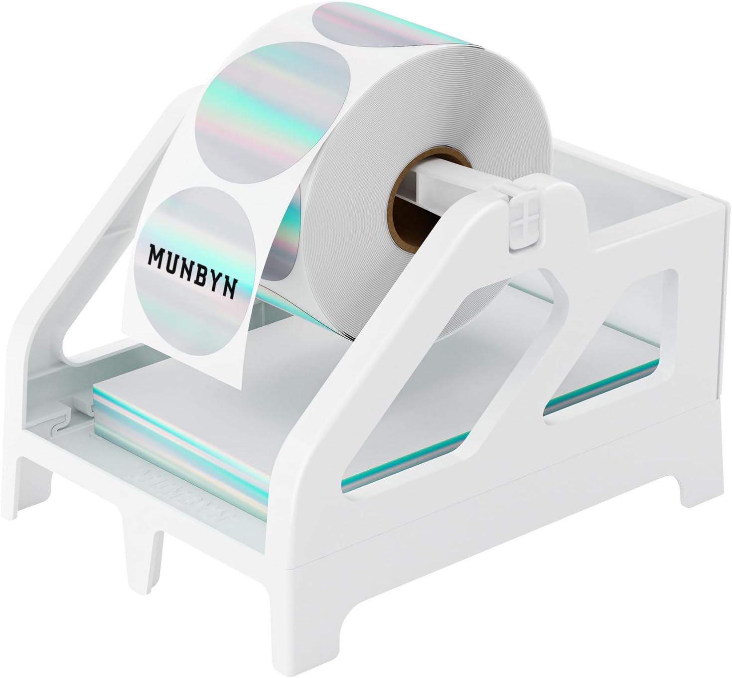 White MUNBYN CA Roll and Fan-Fold Holder for label printer accessories, holding labels in a neat and organized manner.