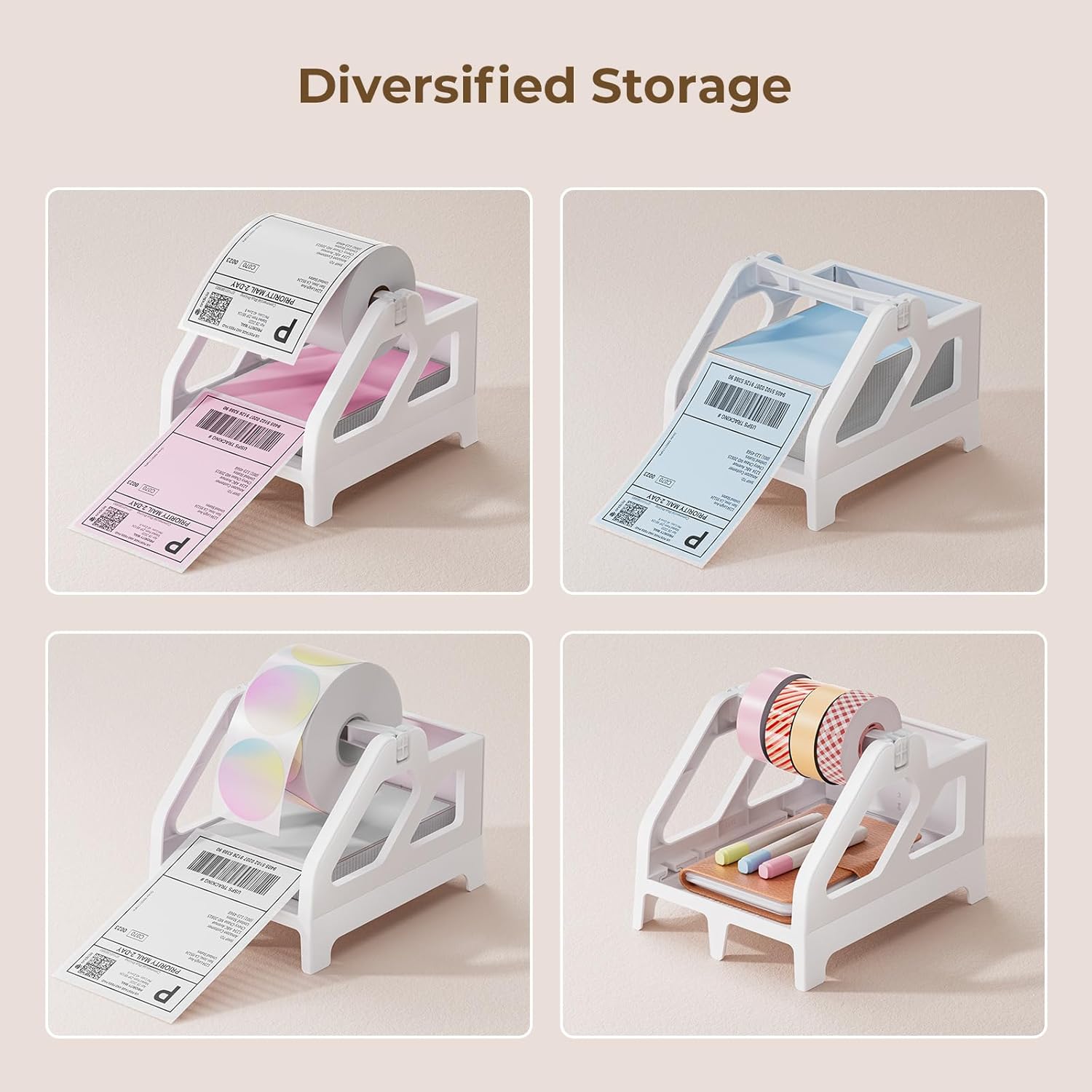 White roll and fan-fold label printer holder for MUNBYN CA label printers, supports organized paper feeding and storage.