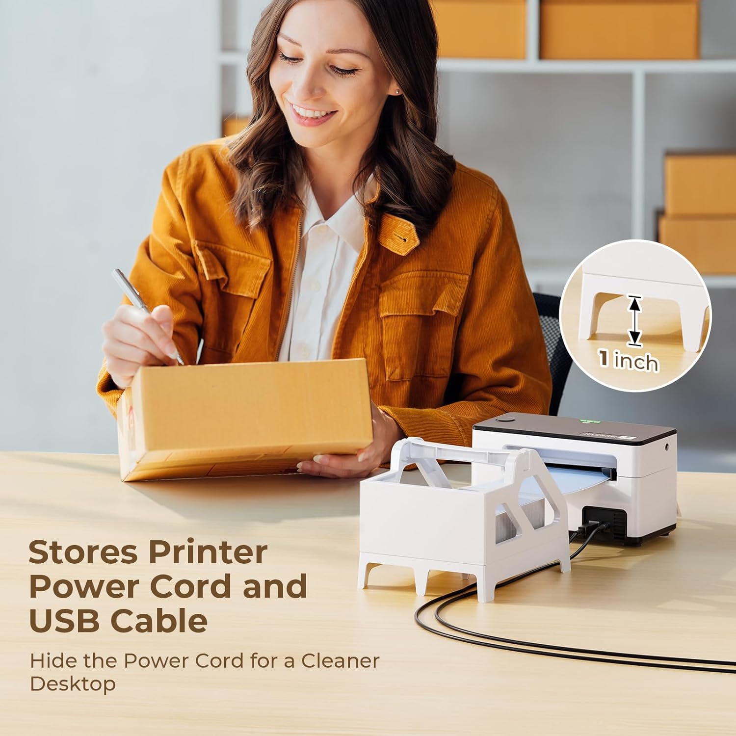 White MUNBYN CA Roll and Fan-Fold Holder for label printers, designed to organize and hold label paper efficiently.
