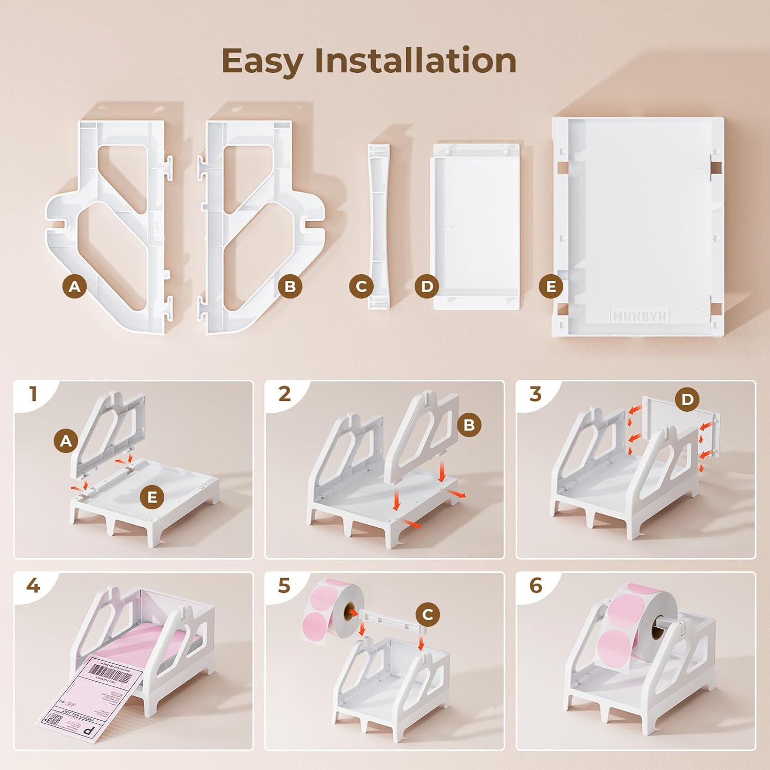 MUNBYN CA roll and fan-fold holder for label printer, white plastic accessory with adjustable support for different label sizes.