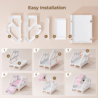 MUNBYN CA roll and fan-fold holder for label printer, white plastic accessory with adjustable support for different label sizes.