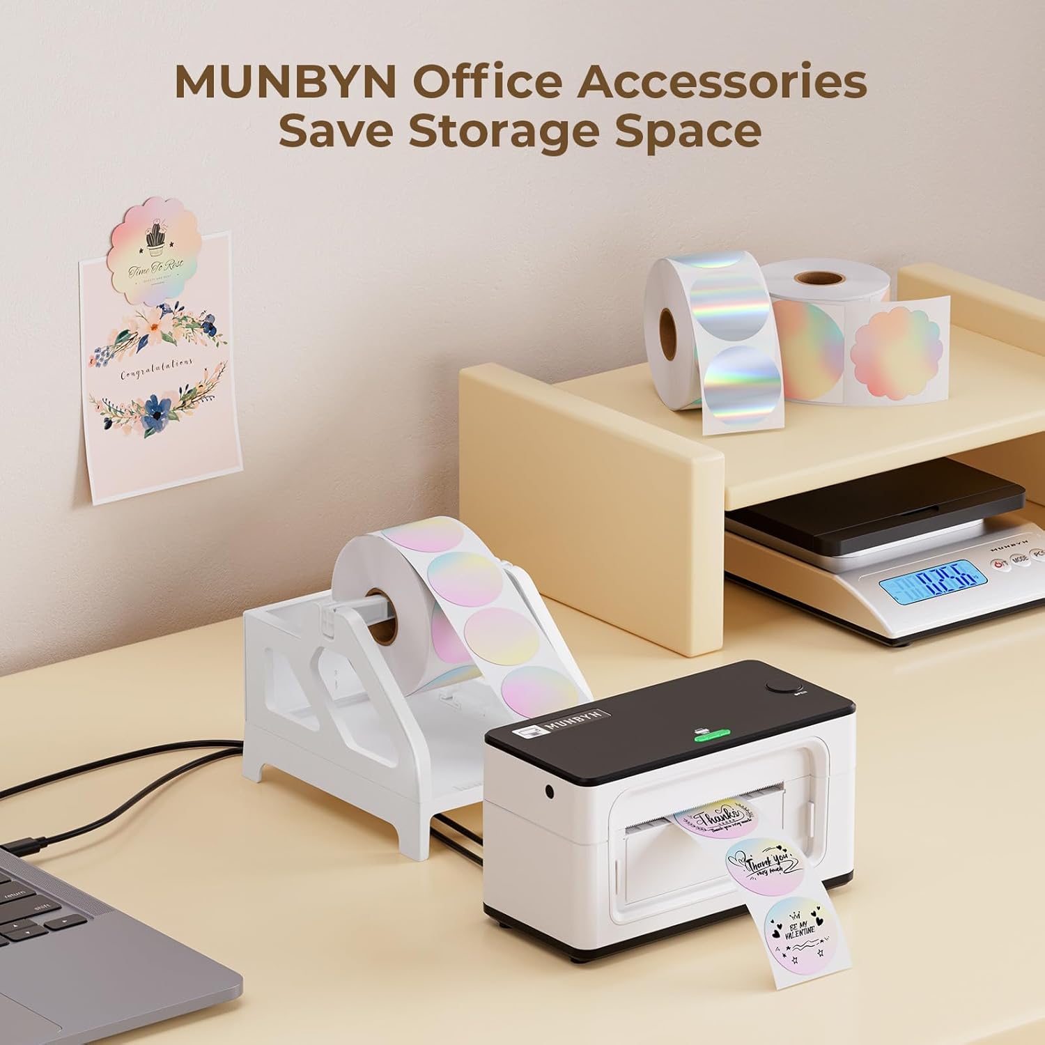 White roll and fan-fold label printer holder for MUNBYN CA, designed to organize and support label printing accessories.