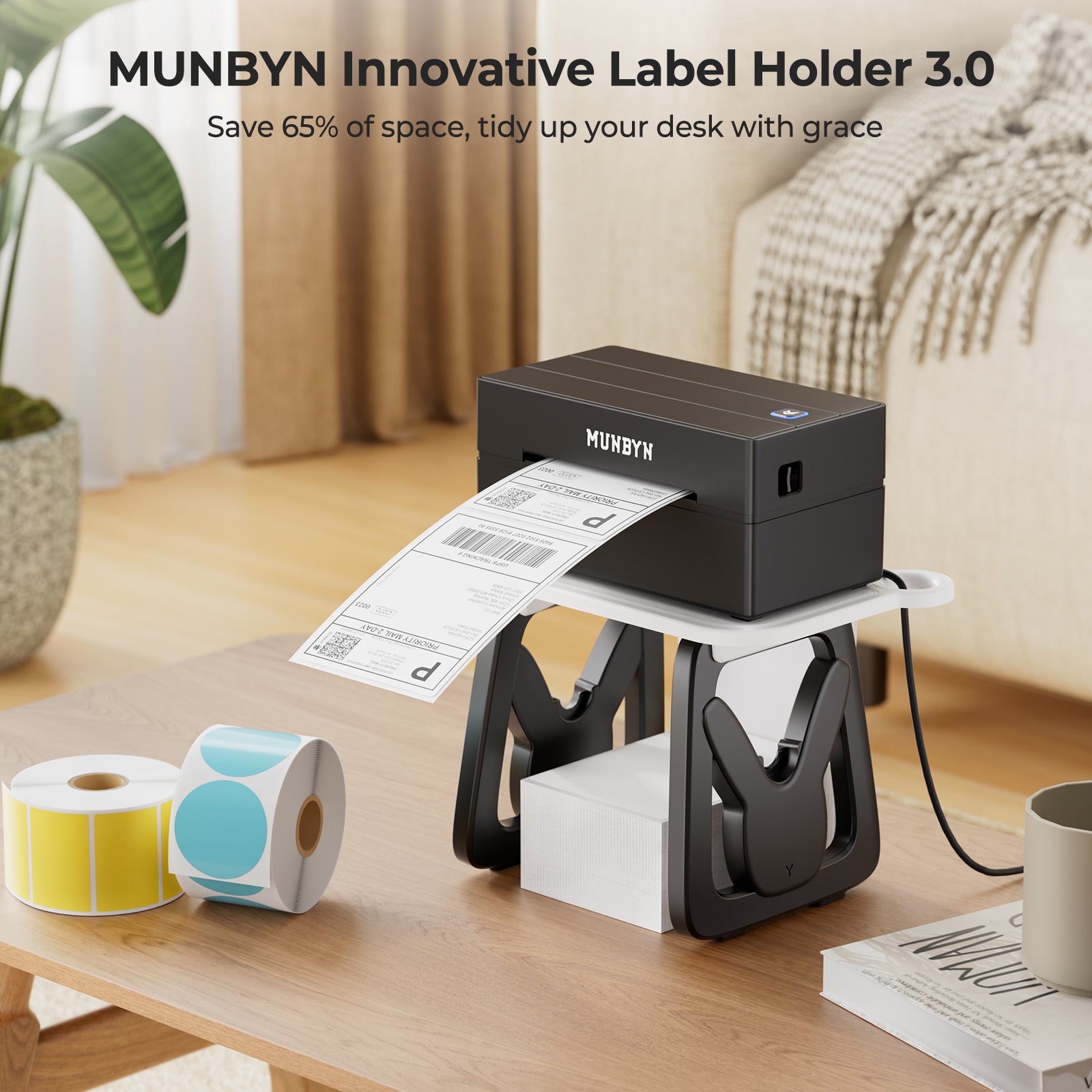 Black and white ILH02 Label Holder for MUNBYN CA label printers, durable accessory for organizing printed labels.