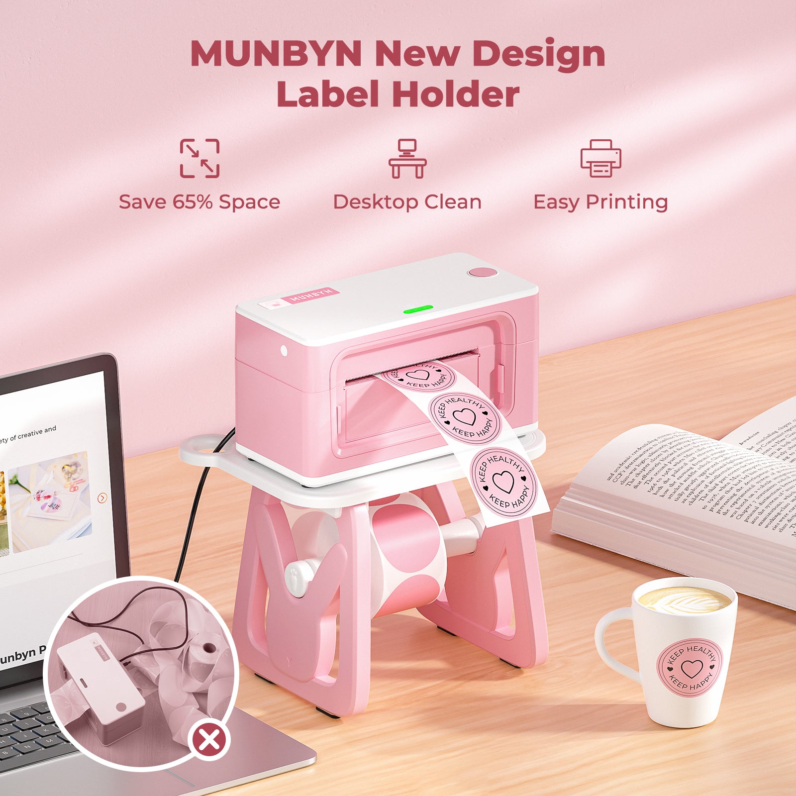 MUNBYN CA ILH02 label holder accessory for label printers, shown in pink color, designed to organize and secure labels.