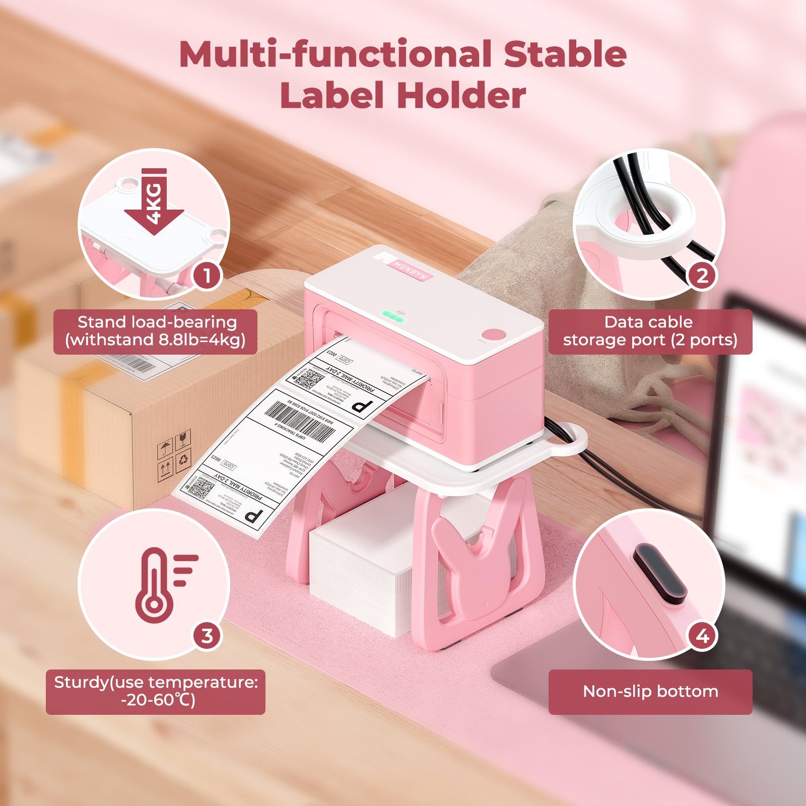 MUNBYN CA ILH02 label holder for label printer, shown in pink, designed to secure and organize labels efficiently.