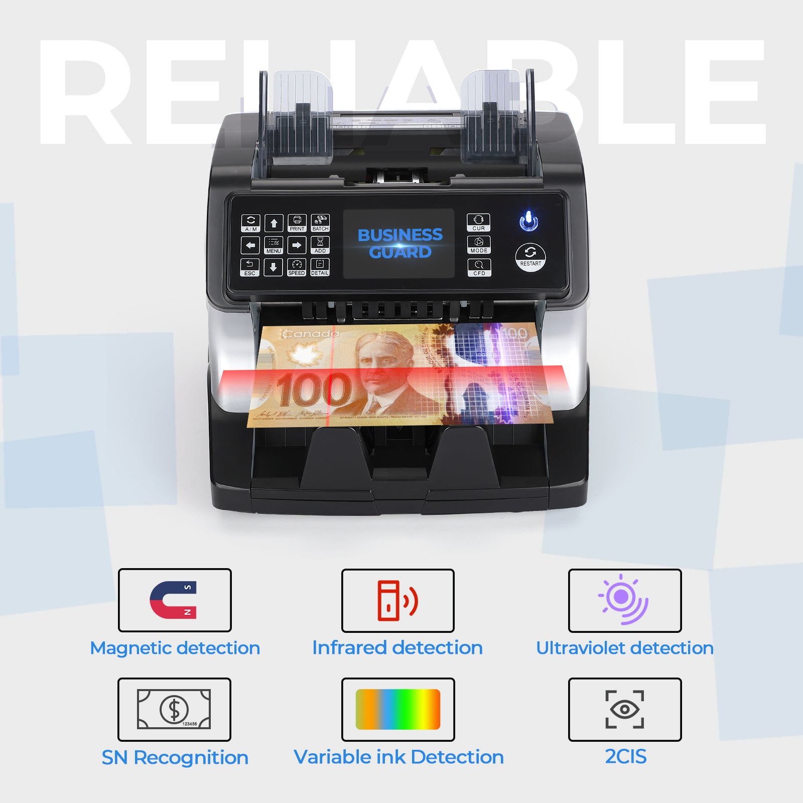 MUNBYN CA IMC01 Money Counter Machine in black, featuring a compact design and digital display for efficient cash counting.